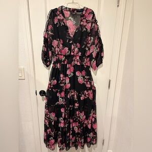 Floral Maxi Dress - Black and Pink, 3/4 length sleeves